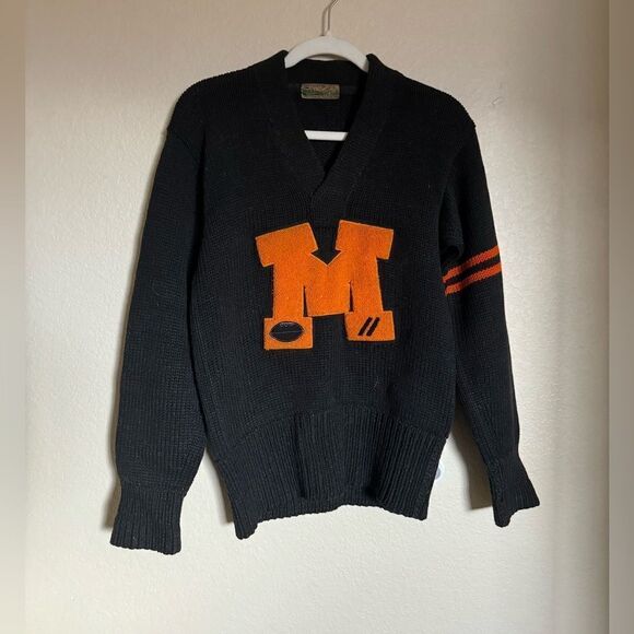 Vintage 60s Minnesota Letterman „M“ Wool Knit Sweater‎ Sz Medium Black Orange - Picture 1 of 4